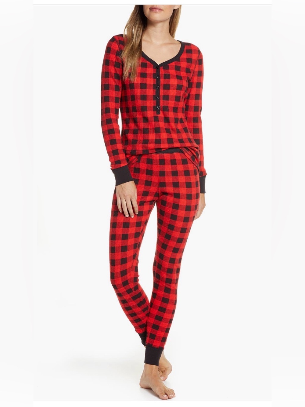 Nordstrom women’s Red and Black Buffalo Plaid waffle Pajama Set